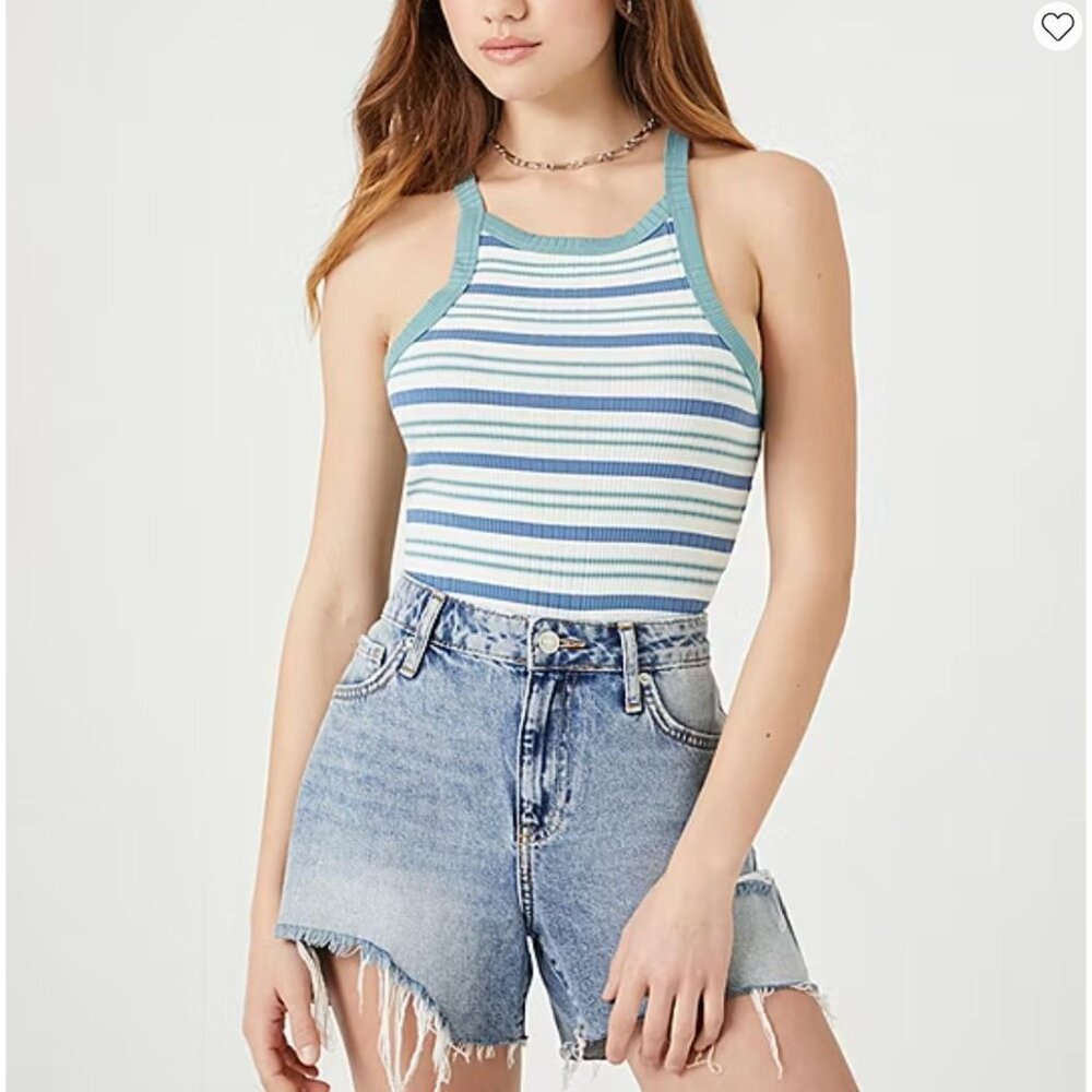 Forever 21 Womens Striped Ribbed Bodysuit Sleeveless Snap Closure Size M Blue/Wh